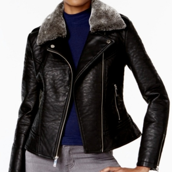 French Connection Jackets & Blazers - French Connection Faux-Fur-Trim Faux-Leather Moto